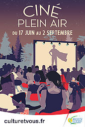 Affiche du ciné plein air Melun Val de Seine 2023, public assis dans l'herbe avec du pop corn regardant un film de super héros en plein air