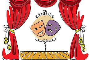 Visuel de théâtre avec un rideau rouge ouvert et 2 masques vénitiens