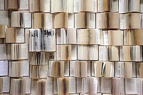 Photo d'un "mur" de livres ouverts. 