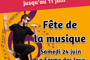 Affiche de la fête de la musique de Vaux-le-Pénil, samedi 24 juin dans le jardin de la ferme des Jeux, de 15h à 22h