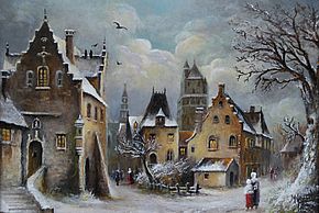 Photo d'une peinture de Michel Gauthier, village sous la neige